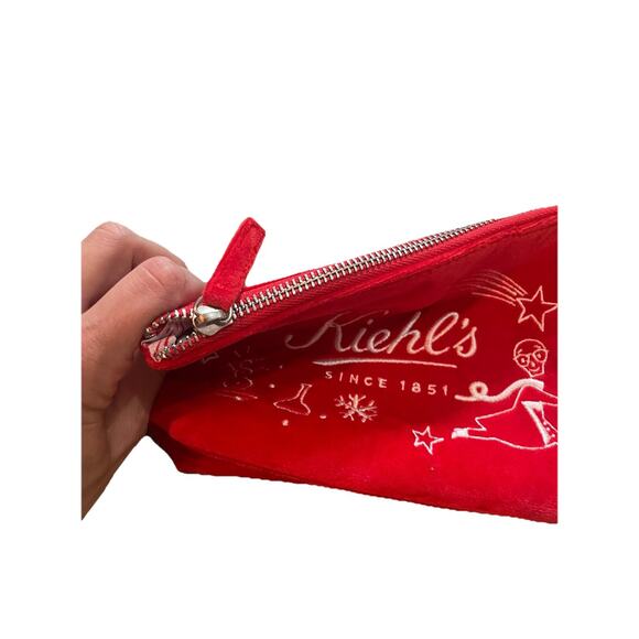 Kiehl's Red Soft Velvet Makeup Bag Cosmetic Pouch Holiday White Embroidery - Picture 4 of 6